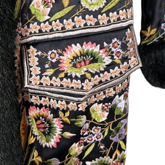 Vintage Sue Wong Floral Embroidered Silk Duster Coat 4 Faux Fur Long Black - Picture 6 of 8